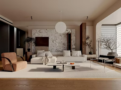 Modern Living Room Interior With White Sofa Coffee Table Pendant Light And Marble Wall 3d model