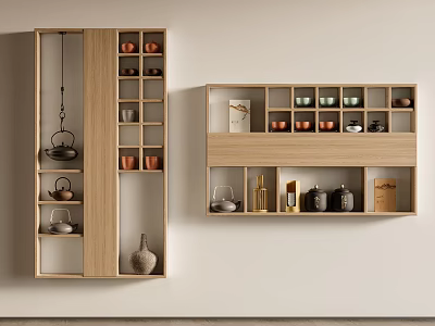 Wooden Wall Mounted Shelves Displaying Tea Sets And Decorative Items 3d model