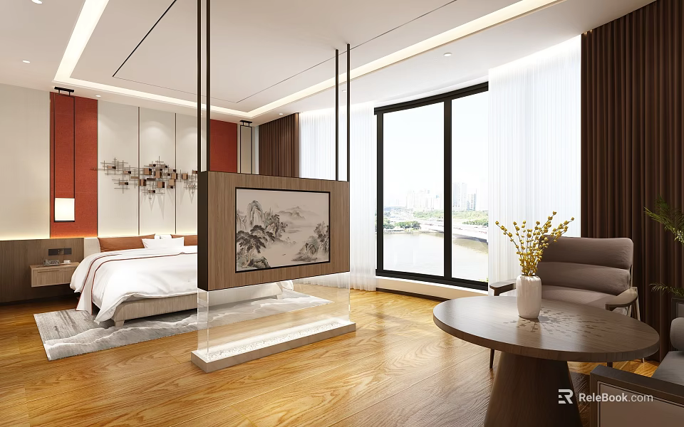 Modern Hotel Room Interior With Red Walls White Headboard Decorative Painting And River View Windows 3d model 