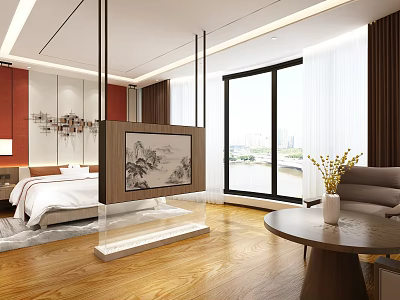 Modern Hotel Room Interior With Red Walls White Headboard Decorative Painting And River View Windows 3d model