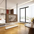 Modern Hotel Room Interior With Red Walls White Headboard Decorative Painting And River View Windows