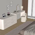 Modern White Dressing Table With Drawers Mirror Lamp Framed Pictures And Beige Chair