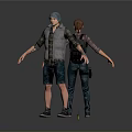 Two 3D Character Models With Different Outfits Standing Back to Back Arms Outstretched