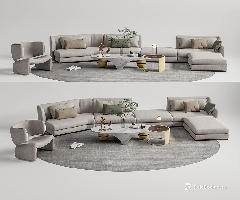 Modern Light Gray Sofa Coffee Table Set With Pillows Plant And Circular Rug 3d model