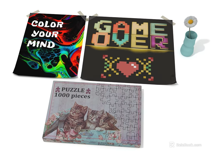 Furniture Decor With Colorful Mind Blanket Pixel Game Over Throw And 1000 Piece Cat Puzzle 3d model 
