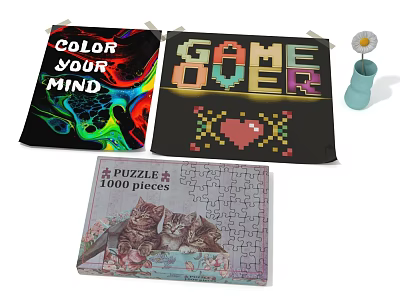 Furniture Decor With Colorful Mind Blanket Pixel Game Over Throw And 1000 Piece Cat Puzzle 3d model