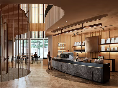 Modern Café Interior with Spiral Staircase Wooden Decor Large Windows and Stone Countertop 3d model