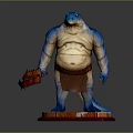 3D Game Movie Character With Blue Skin Potbellied Wielding Red Weapon Standing on Base