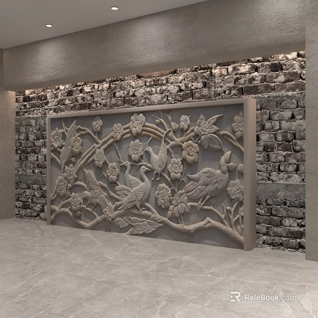 Carved Relief Background Wall with Floral Bird Patterns against Brick Wall Background 3d model 