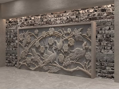 Carved Relief Background Wall with Floral Bird Patterns against Brick Wall Background 3d model