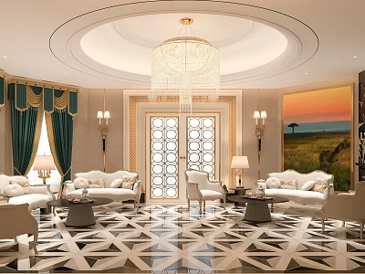 Luxurious Reception Room Interior with Crystal Chandelier Green Curtains White Sofas and Geometric Patterned Floor 3d model