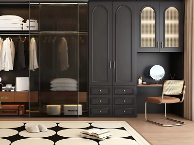 Modern Walk-in Closet Featuring Glass Fronted Wardrobe Dark Cabinets Rattan Doors Dressing Table And Chair 3d model