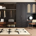 Modern Walk-in Closet Featuring Glass Fronted Wardrobe Dark Cabinets Rattan Doors Dressing Table And Chair