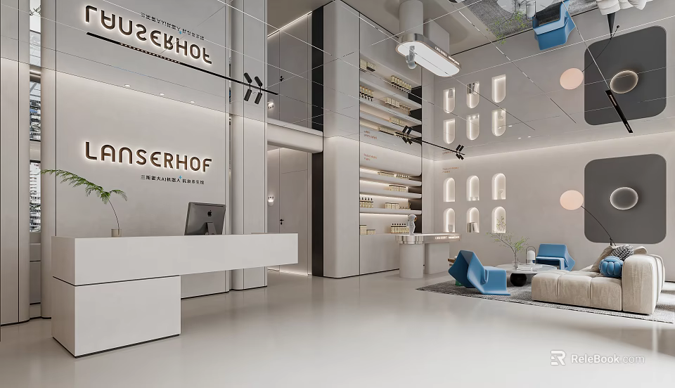 Modern Minimalist High End Beauty Salon Interior With Reception Desk And Product Shelves 3d model 