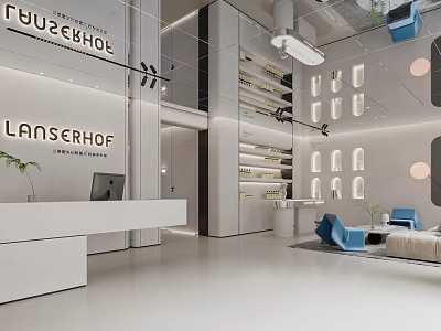 Modern Minimalist High End Beauty Salon Interior With Reception Desk And Product Shelves 3d model