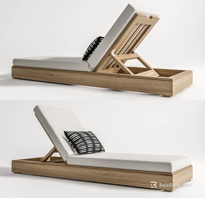 Wooden Frame Lounge Chair With White Cushion And Black White Striped Pillow 3d model 