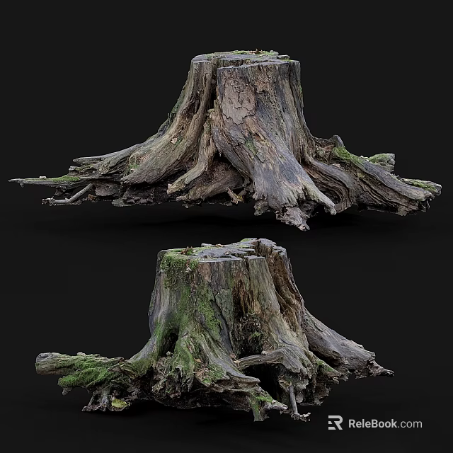 Natural Stone Wood Stumps With Green Moss And Textured Roots 3d model 