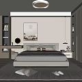 Modern Bedroom Interior Design With Beige Bed Multiple Pillows Rug Wall Painting And Round Mirror