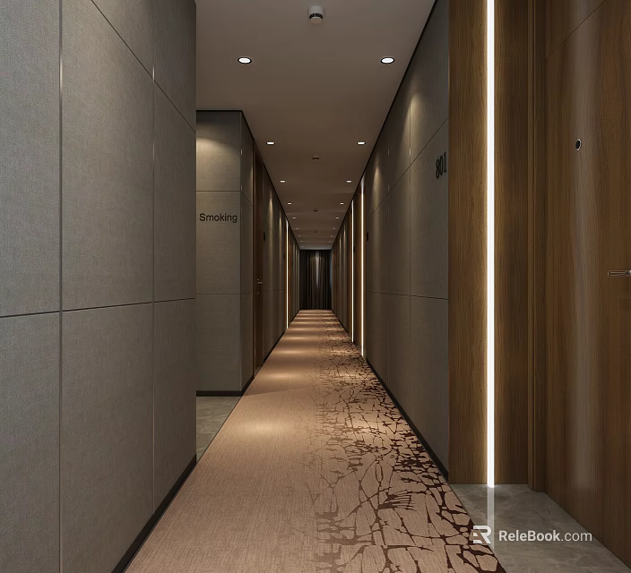 Modern Hotel Corridor With Long Grey Wooden Walls Patterned Carpet And Ceiling Lights 3d model 