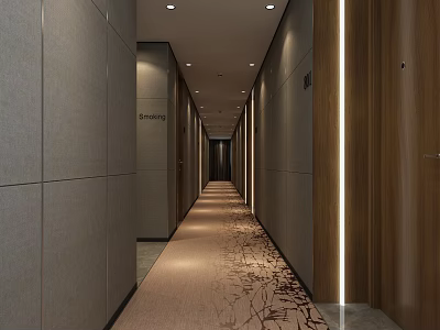 Modern Hotel Corridor With Long Grey Wooden Walls Patterned Carpet And Ceiling Lights 3d model