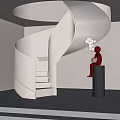 Modern White Spiral Staircase With Illuminated Steps And Red Sculpture On Black Pedestal