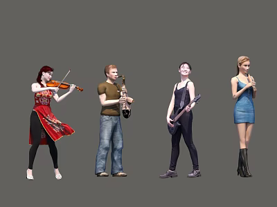 Group of People Playing Various Musical Instruments Including Violin Saxophone Guitar and Microphone 3d model