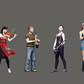 Group of People Playing Various Musical Instruments Including Violin Saxophone Guitar and Microphone