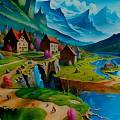 Fairy Tale Village Scene With Mountain Landscape River Stone Bridge And Colorful Houses