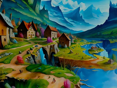 Fairy Tale Village Scene With Mountain Landscape River Stone Bridge And Colorful Houses 3d model