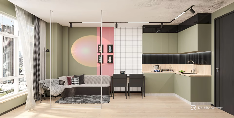 Modern Apartment With Open Living Dining Space Sofa Green Cabinets Pink Wall Light Wood Floor 3d model 