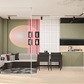 Modern Apartment With Open Living Dining Space Sofa Green Cabinets Pink Wall Light Wood Floor