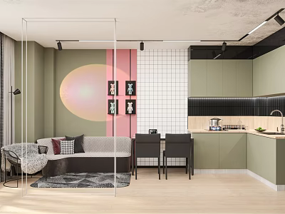 Modern Apartment With Open Living Dining Space Sofa Green Cabinets Pink Wall Light Wood Floor 3d model