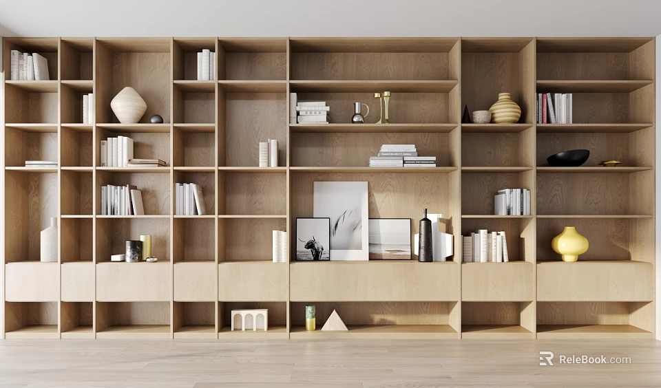 Modern Wooden Bookshelf With Open Shelves Books Decorations And Photo Frames 3d model 