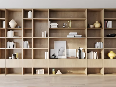 Modern Wooden Bookshelf With Open Shelves Books Decorations And Photo Frames 3d model