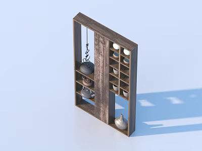 Minimalist Wooden Storage Shelf with Multiple Compartments and Tea Sets for Home Decor 3d model