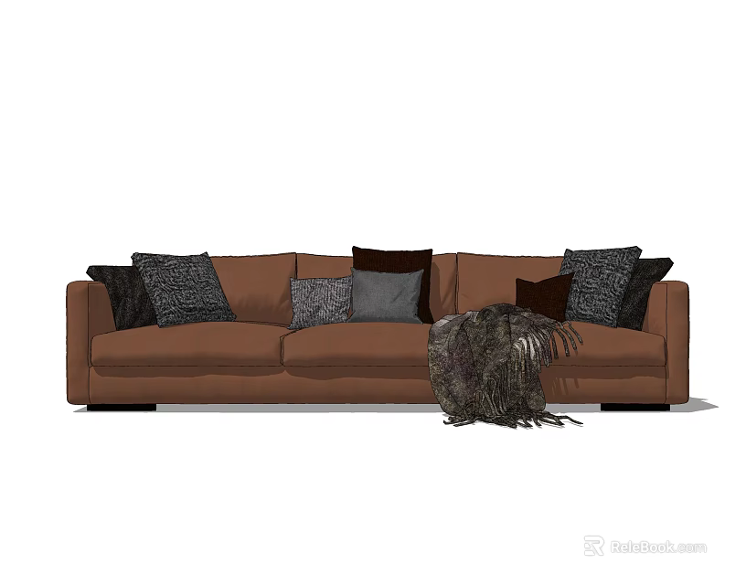 Stylish Brown Three Seater Sofa With Multiple Patterned Pillows And Furry Throw 3d model