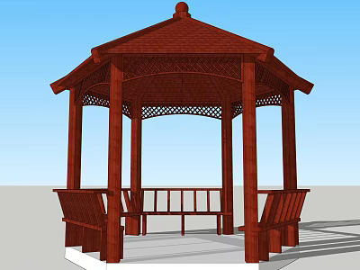 Traditional Red Wooden Hexagonal Pavilion With Decorative Roof And Benches 3d model