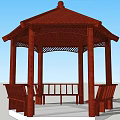 Traditional Red Wooden Hexagonal Pavilion With Decorative Roof And Benches
