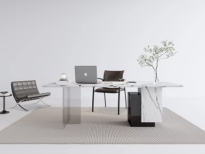 Modern Minimalist Desk Interior Design With Laptop Chair Marble Top And Green Plant Rug 3d model