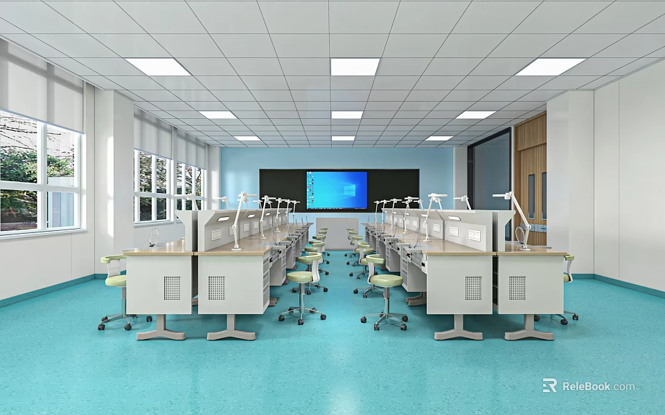 Spacious Bright Classroom With Blue Floor White Desks Lab Tables Large Screen Windows 3d model 