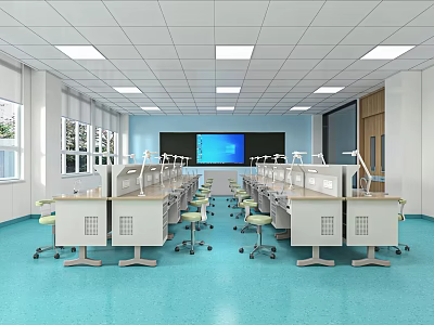 Spacious Bright Classroom With Blue Floor White Desks Lab Tables Large Screen Windows 3d model
