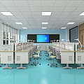 Spacious Bright Classroom With Blue Floor White Desks Lab Tables Large Screen Windows