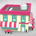 Cartoon Cafe Scene With Pink Roof Yellow Walls Striped Awnings Green Windows And Outdoor Tables