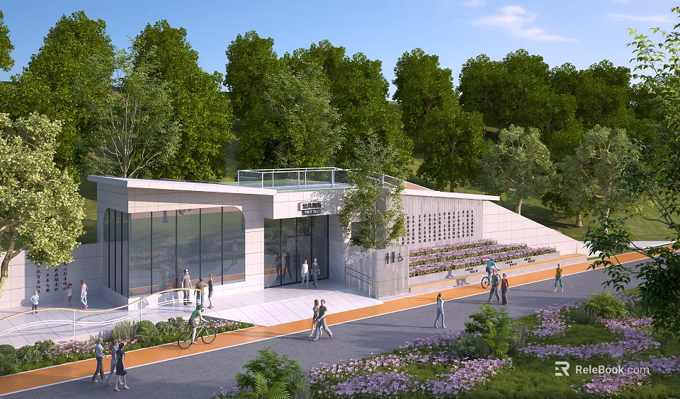 Modern Public Community Center Entrance With Green Trees Flowers Path And Walking People 3d model 