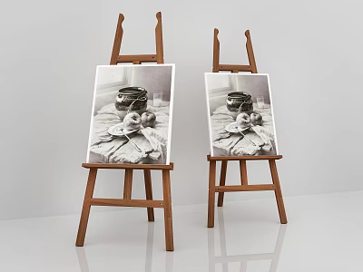 Wooden Easels Displaying Still Life Paintings With Jars Fruits And Cloth 3d model