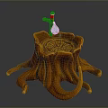 Decorative Tree Stump Ornament With Growth Rings And Green Bottle