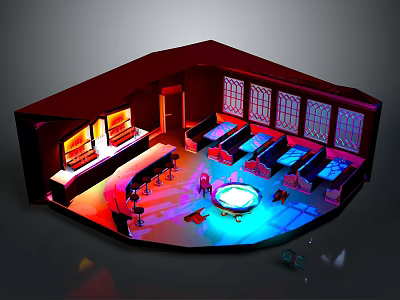 Vibrant Game Room Interior With Red Roof Windows Tables Chairs And Colorful Lights 3d model