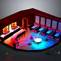 Vibrant Game Room Interior With Red Roof Windows Tables Chairs And Colorful Lights