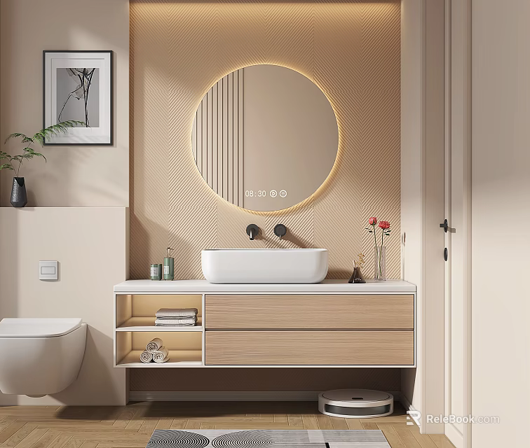 Elegant Modern Bathroom Sink Vanity Design With Round Lighted Mirror Beige Wall And Wooden Cabinets 3d model 