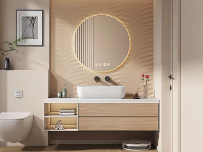 Elegant Modern Bathroom Sink Vanity Design With Round Lighted Mirror Beige Wall And Wooden Cabinets 3d model